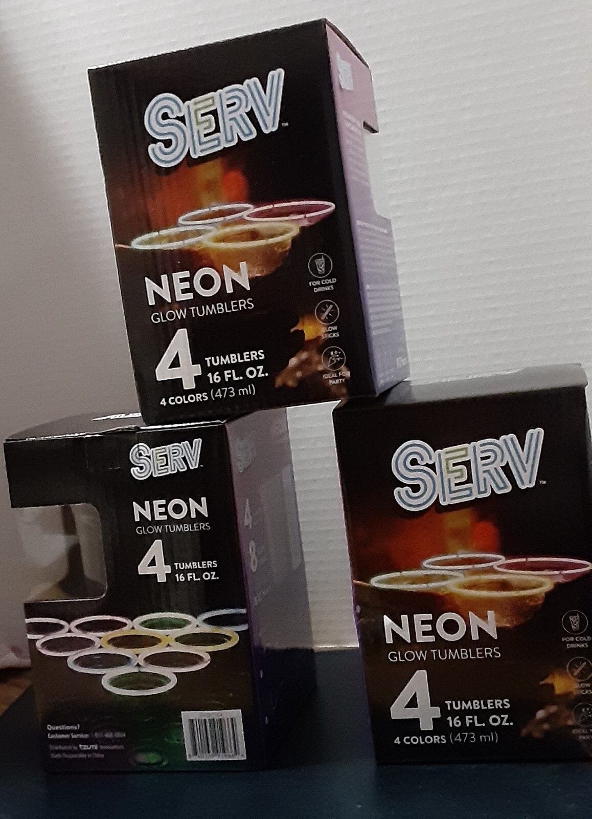 SERV Neon Glow Tumblers 12 cups- 4 per box/4 colors – 16 Fl. Oz. 8-12 hour glow