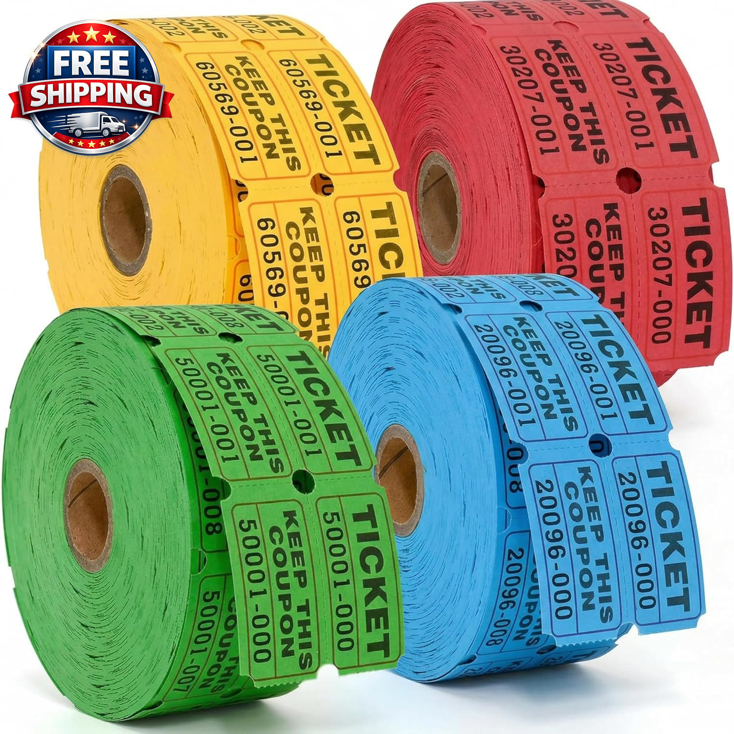 4000 Pairs Double Raffle Tickets – 4 Assorted Colors (Pink, Blue, Red, Purple) –