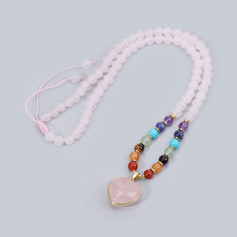 7 Chakra Crystal Heart Pendant Necklace, Healing & Balancing Beaded Necklace