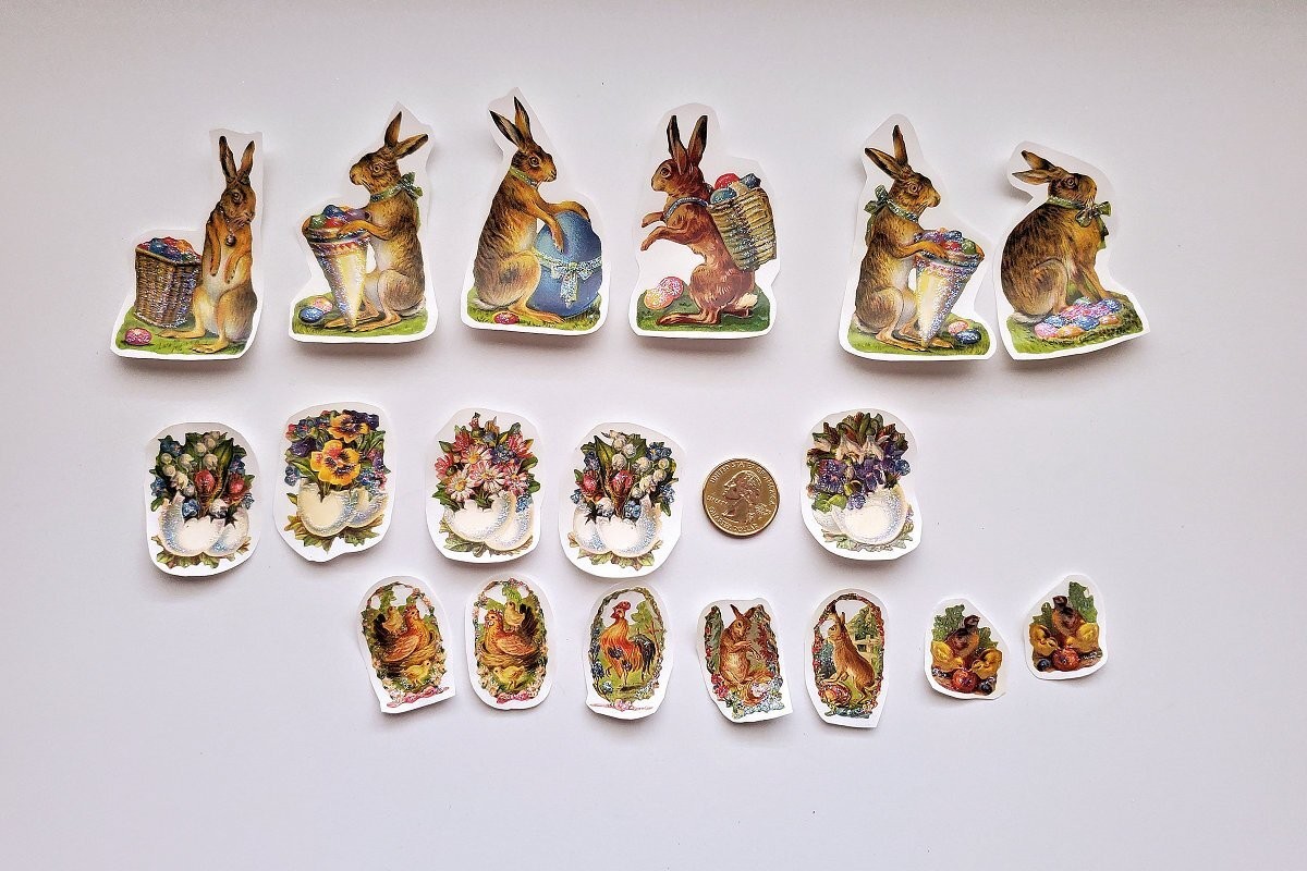 18-Easter-Victorian-Fussy Cut-Embossed-Scrap Reliefs-Bunnies-Glittered-Stickers