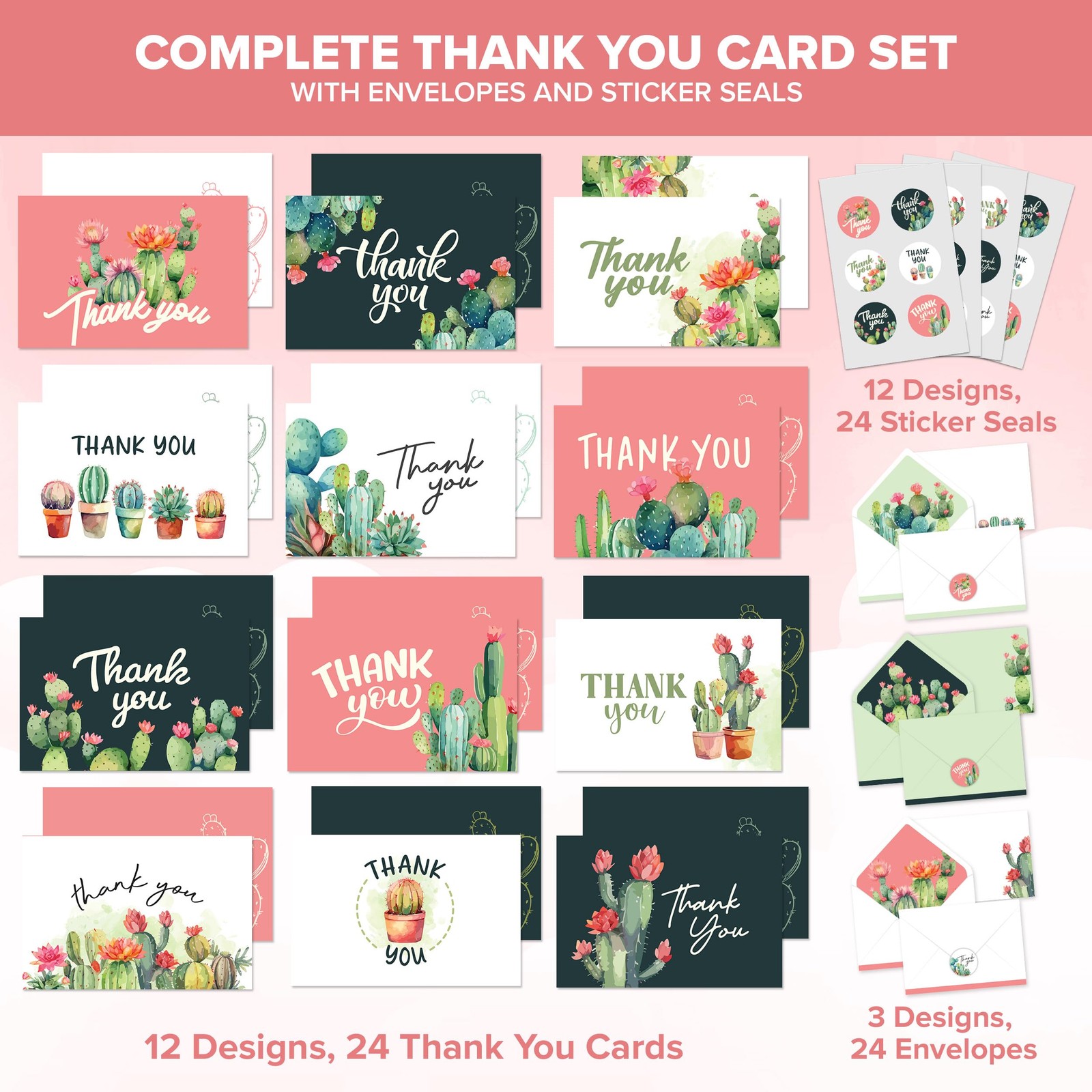 Decorably 24 Pack 6x4in Cactus Thank You Cards with 6×4 inches,