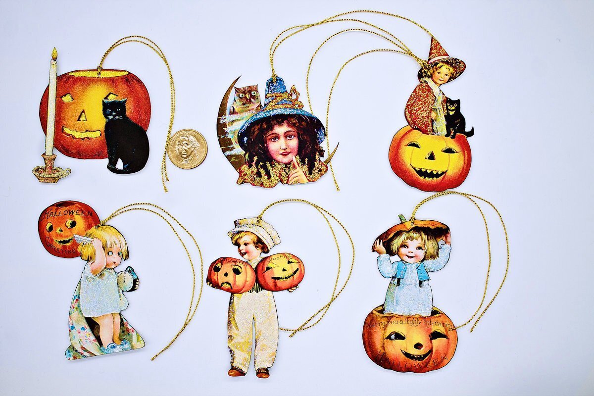 6~Halloween~Vintage~Fussy Cut~Glitter~Linen Cardstock~Gift~Hang~Tags~Ornaments