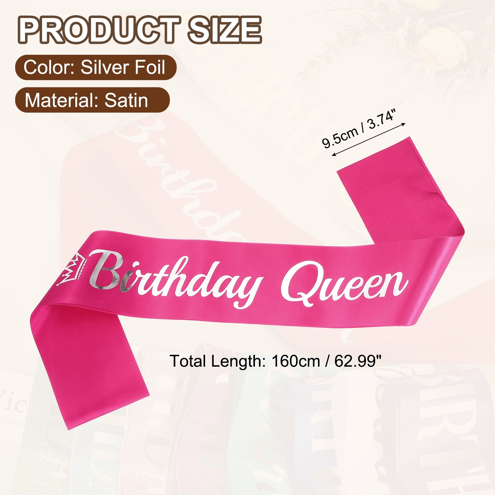 Birthday Queen Sash with Pin Silver Foil Lettering for Birthday Party, Rose Red