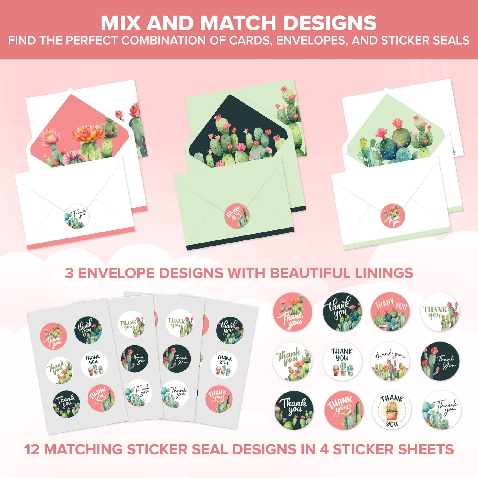 Decorably 24 Pack 6x4in Cactus Thank You Cards with 6×4 inches,