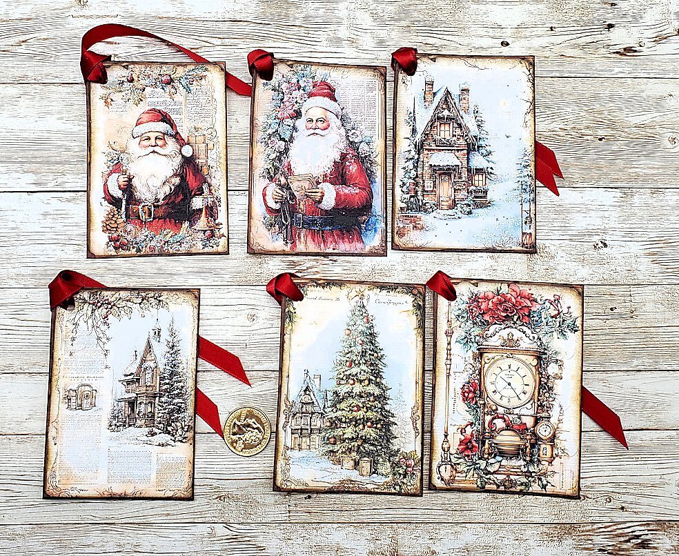 6-Christmas-Watercolor Style-Santa-Tree-Glitter-Linen Cardstock-Gift-Hang-Tags