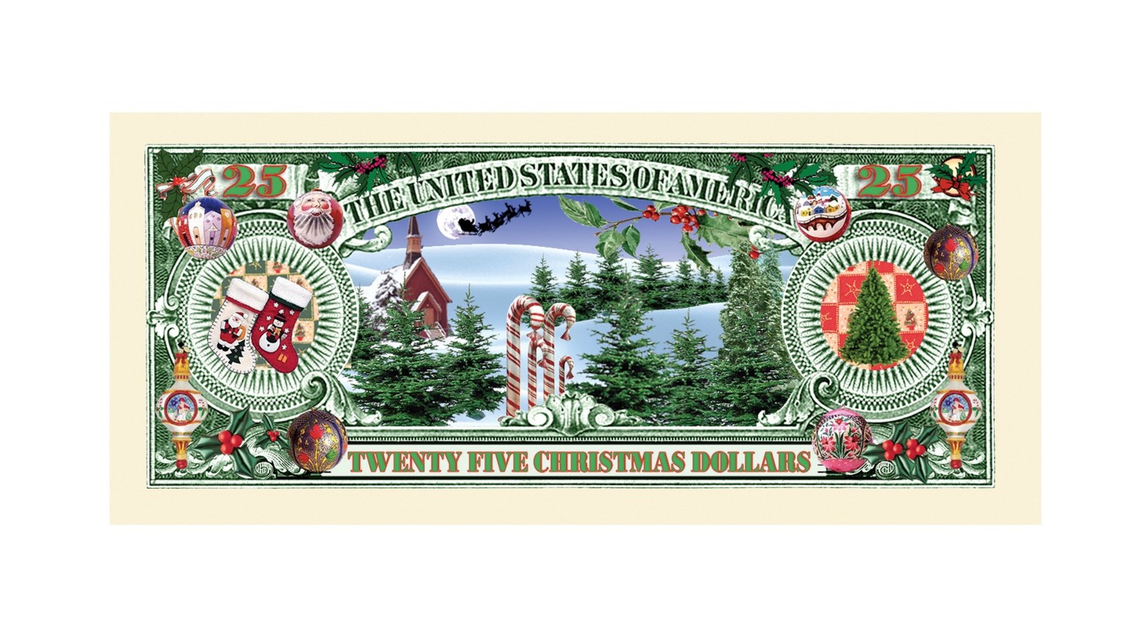 10 TOTAL – Christmas Tree Holiday Santa $25 Dollar Novelty Play Money Gift Bills