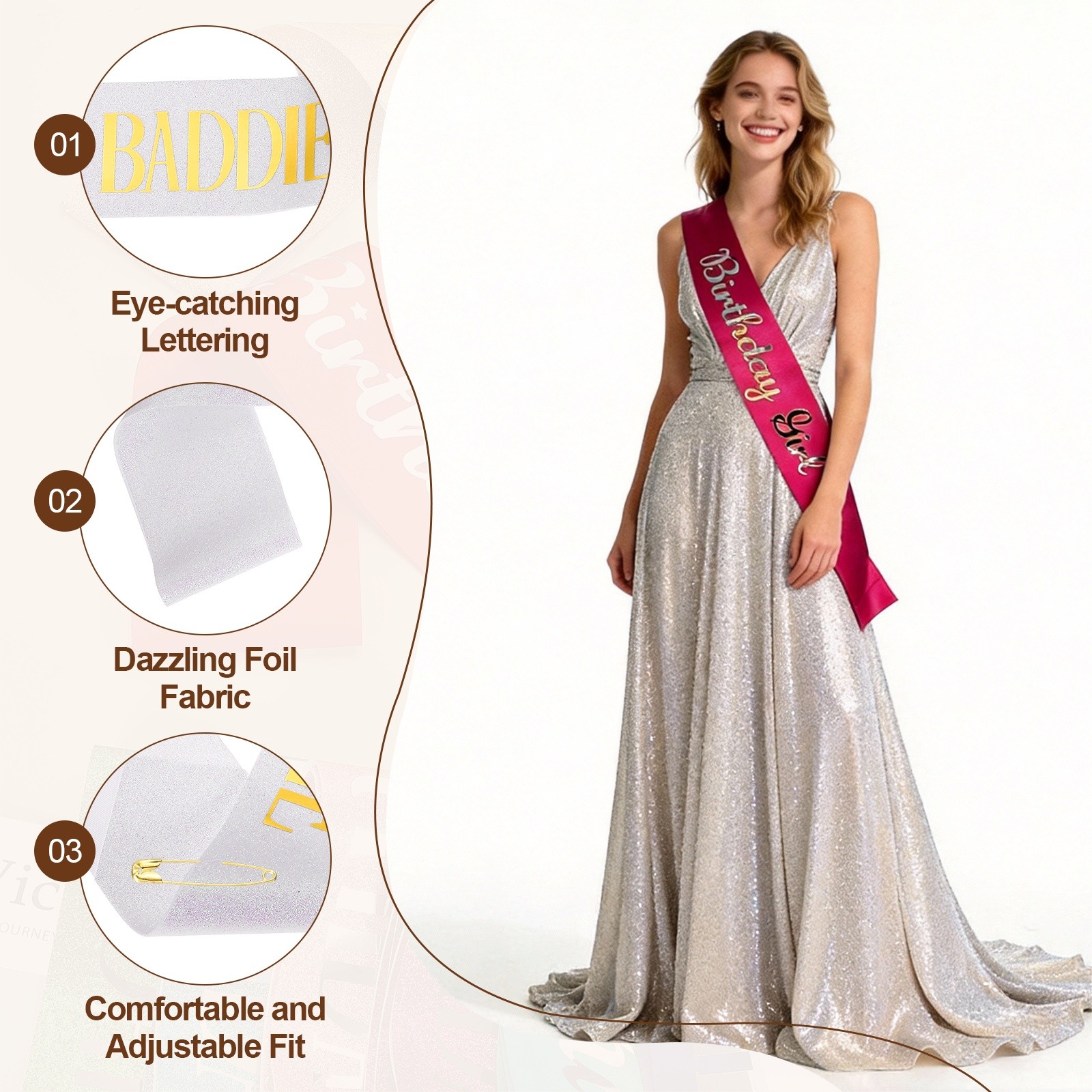 Birthday Baddie Sash with Pin Gold Foil Lettering for Party, White