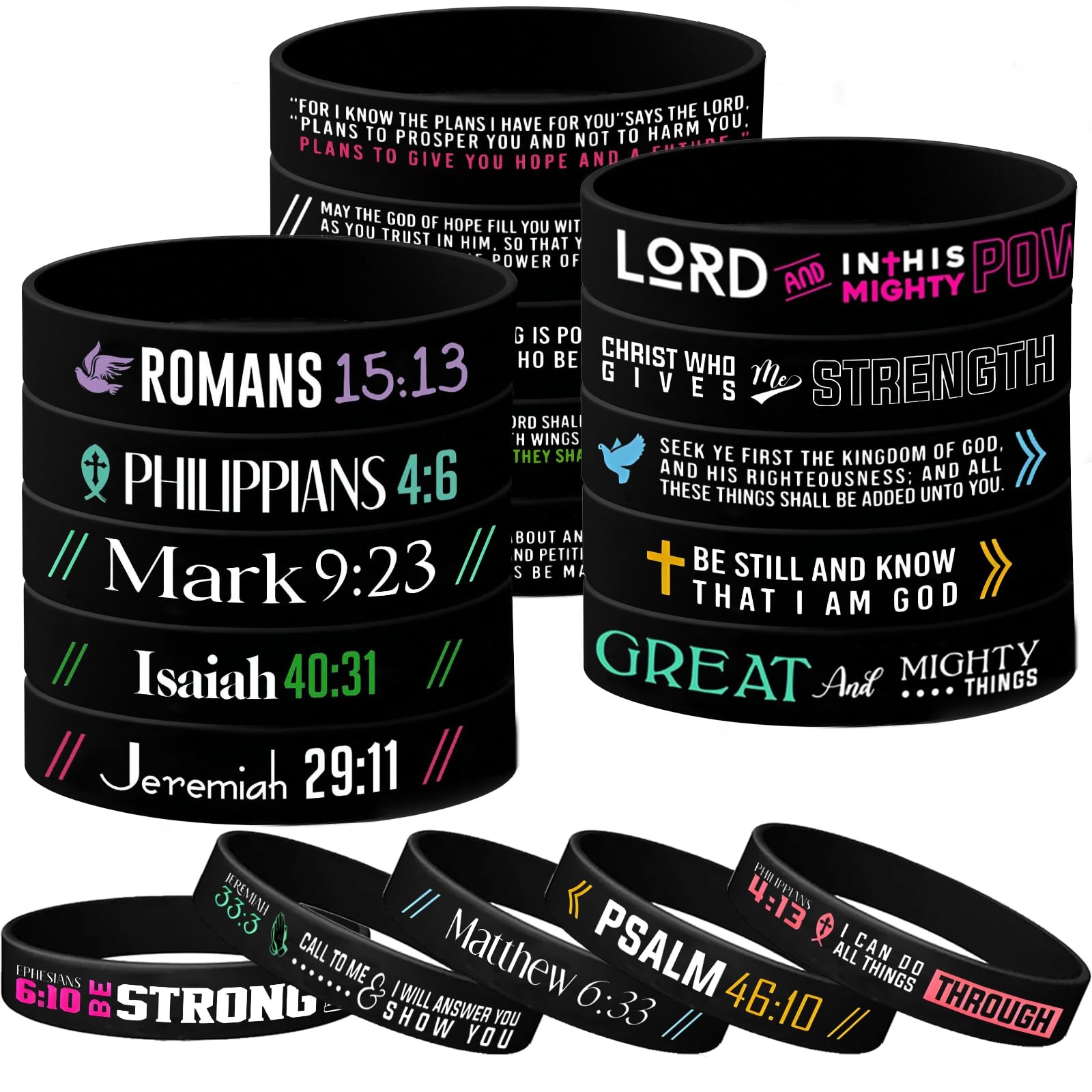 Bible Verse Bracelets – 12-Pack Jesus Scripture Christian Rubber Bracelets, C…