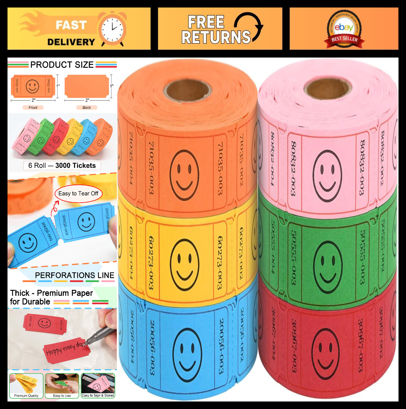 3000 Raffle Ticket Rolls – 6 Colors, 1×2 Inch Smile Tickets for Events & Parties