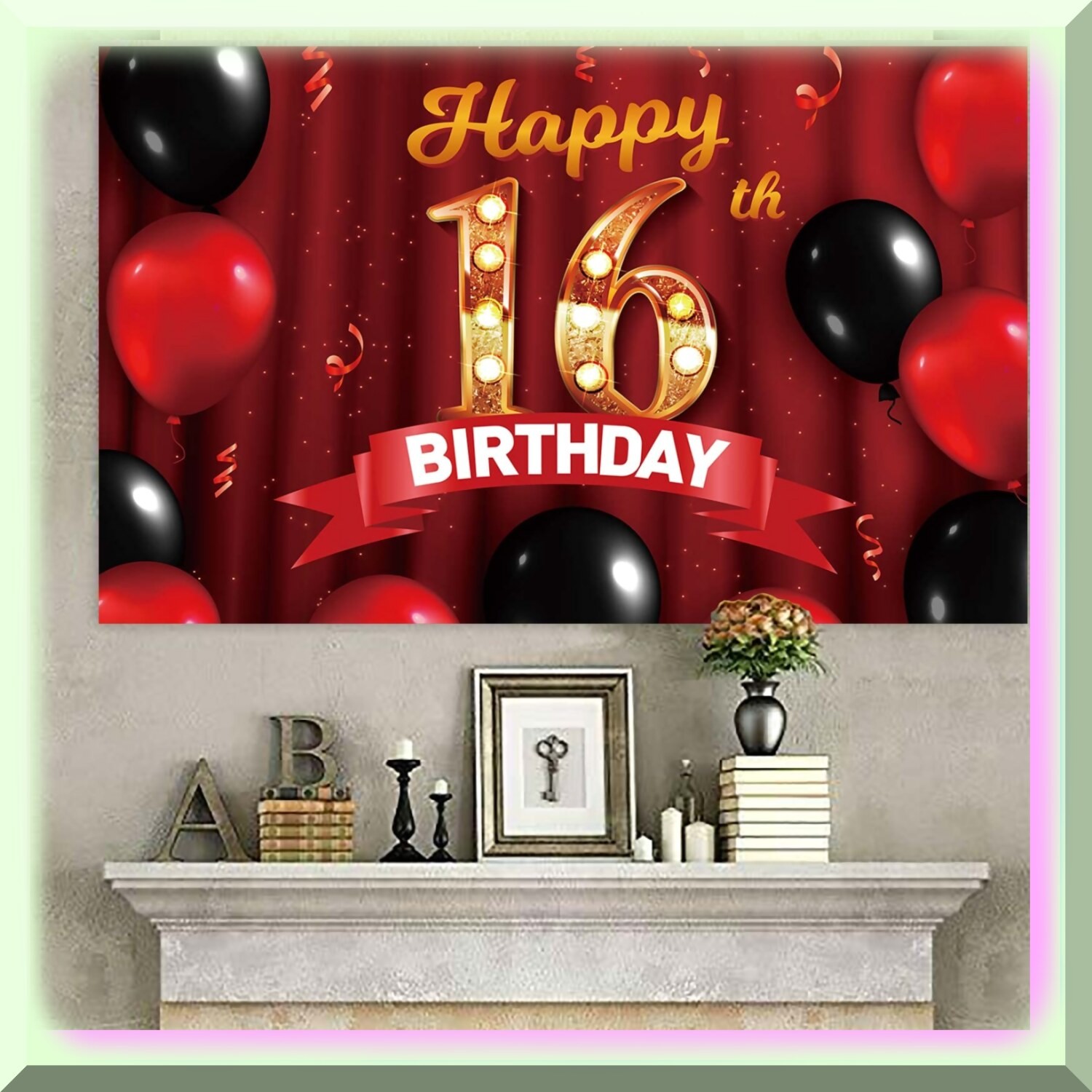 Sweet 16 Celebration Banner Red Gold Durable Fabric
