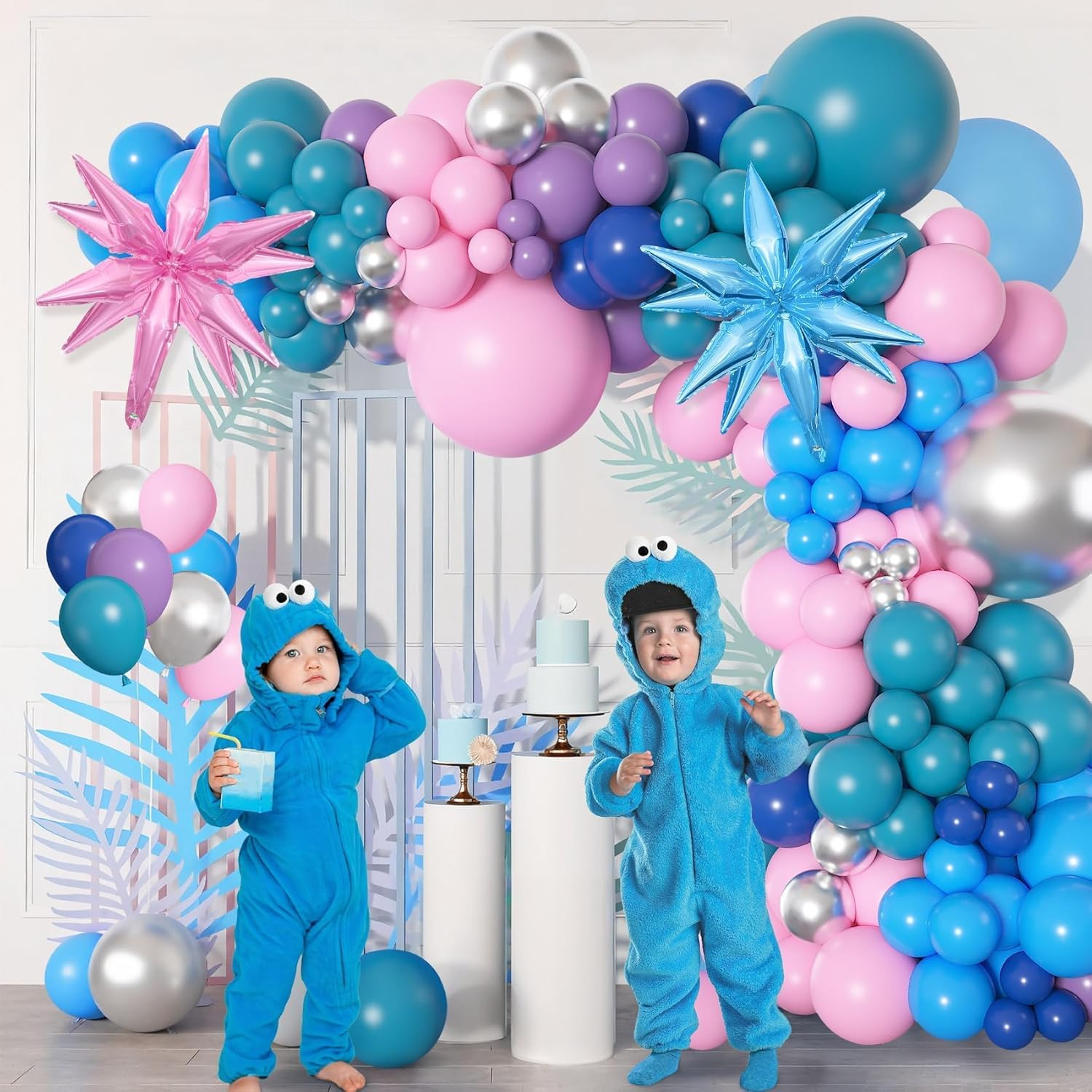 157Pcs Pink Blue Balloon Arch Garland Kit with Table Skirt Purple Metallic Silve