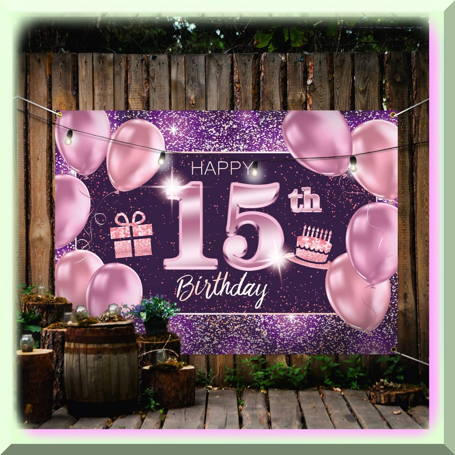 Pink Purple Gold 15th Birthday Celebration Backdrop