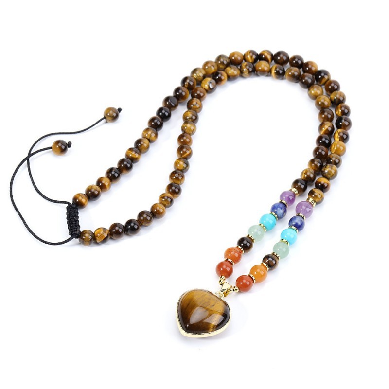 7 Chakra Crystal Heart Pendant Necklace, Healing & Balancing Beaded Necklace