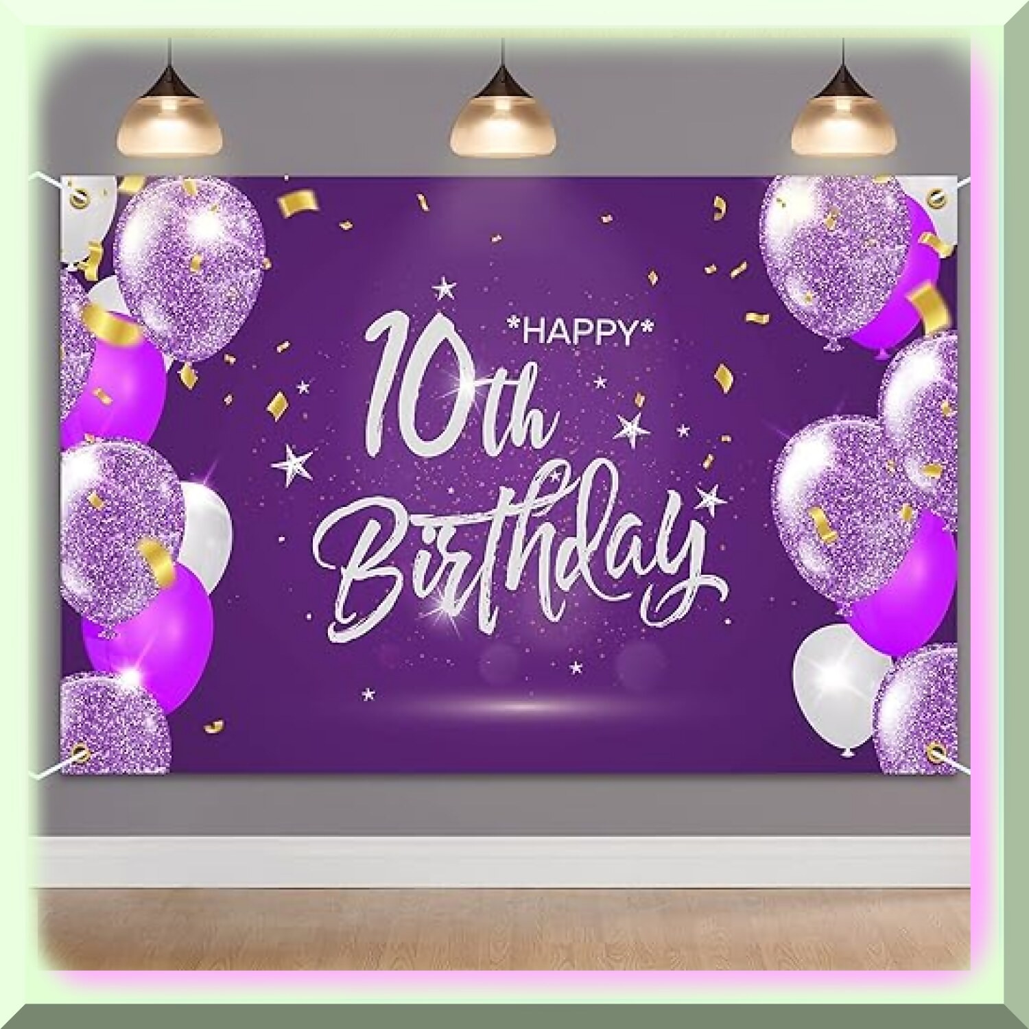 Purple 10th Birthday Party Backdrop Banner with Ribbon
