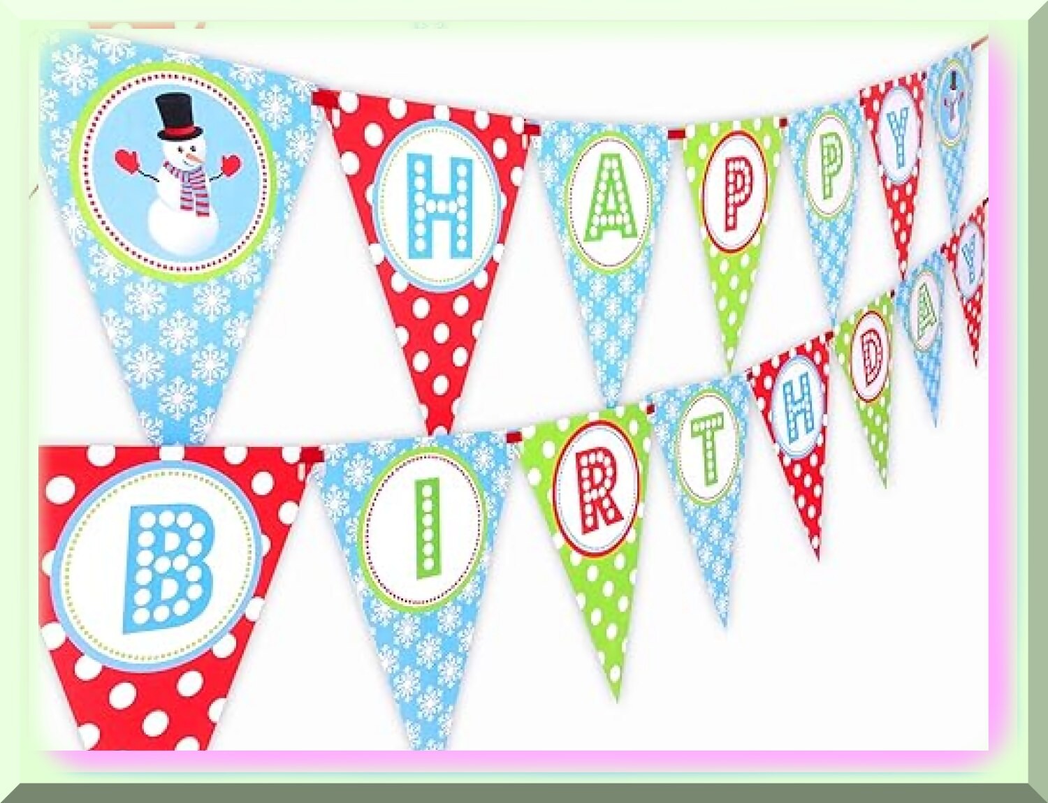 Snowman Birthday Celebration Banner with Flags and Ribbon