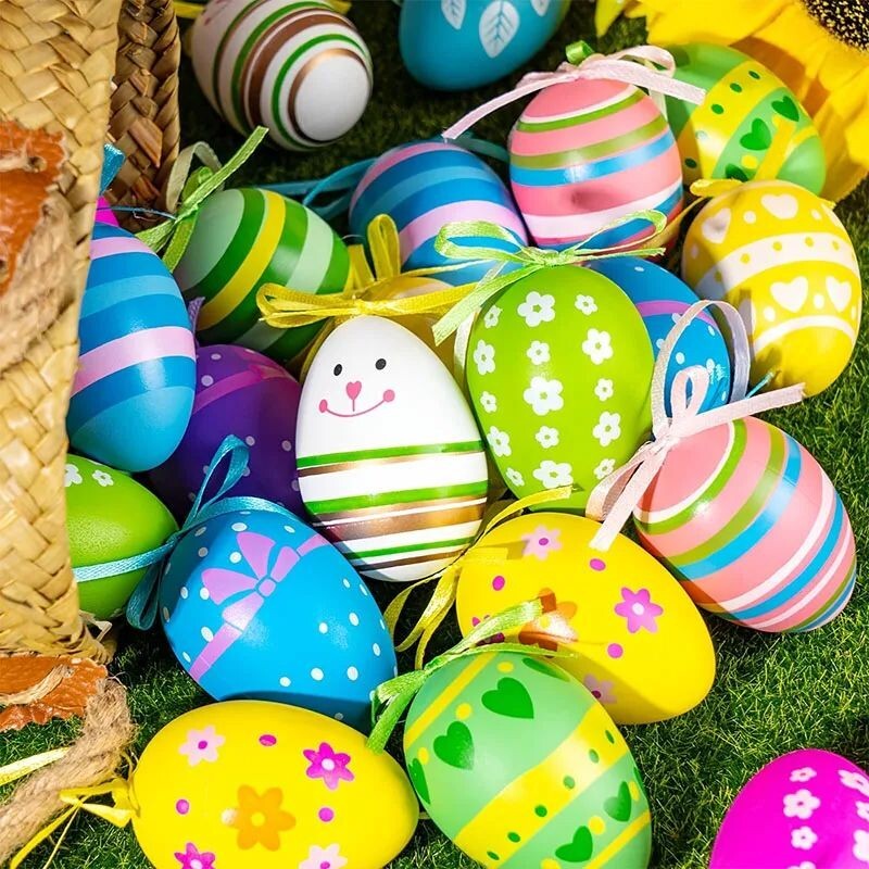 24PCS Colorful Plastic Easter Eggs Hanging Ornaments for Tree Basket Party Decor