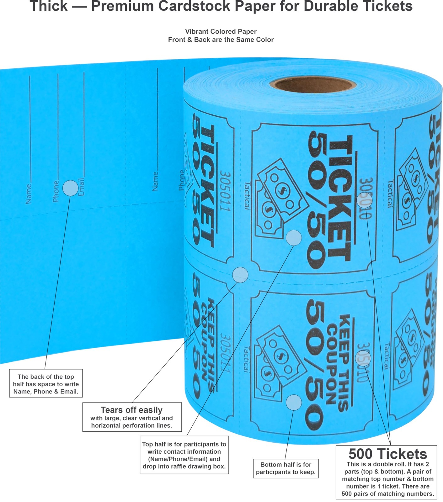 500 Raffle Tickets, 50/50, Blue (1 of 8 Colors), Double Roll, Large Ticket fo…