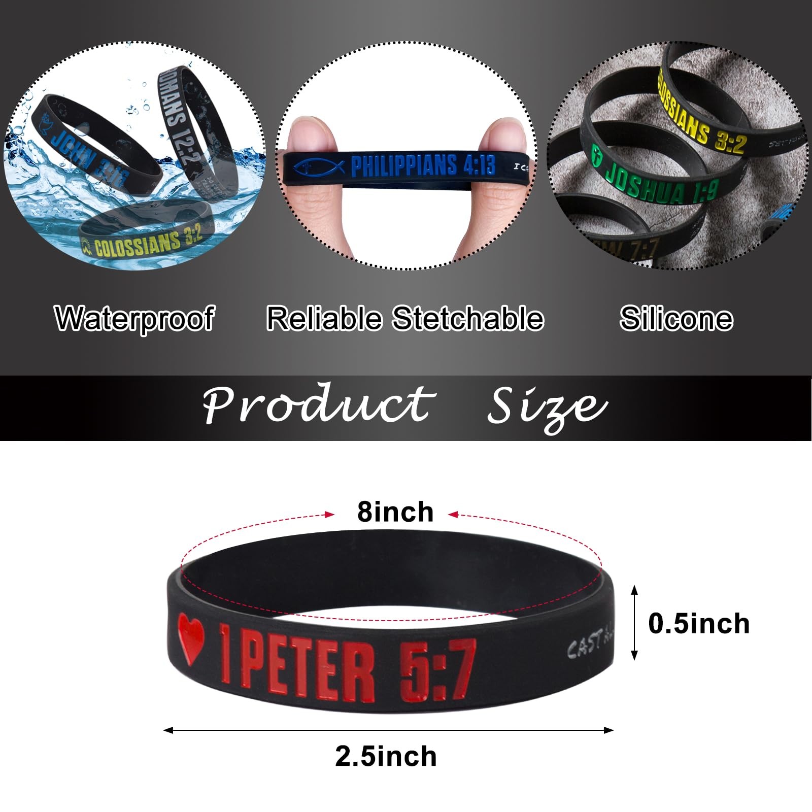 CYCLUSIVE 12 Pieces Christian Bible Verses Silicone 8 inches, Black