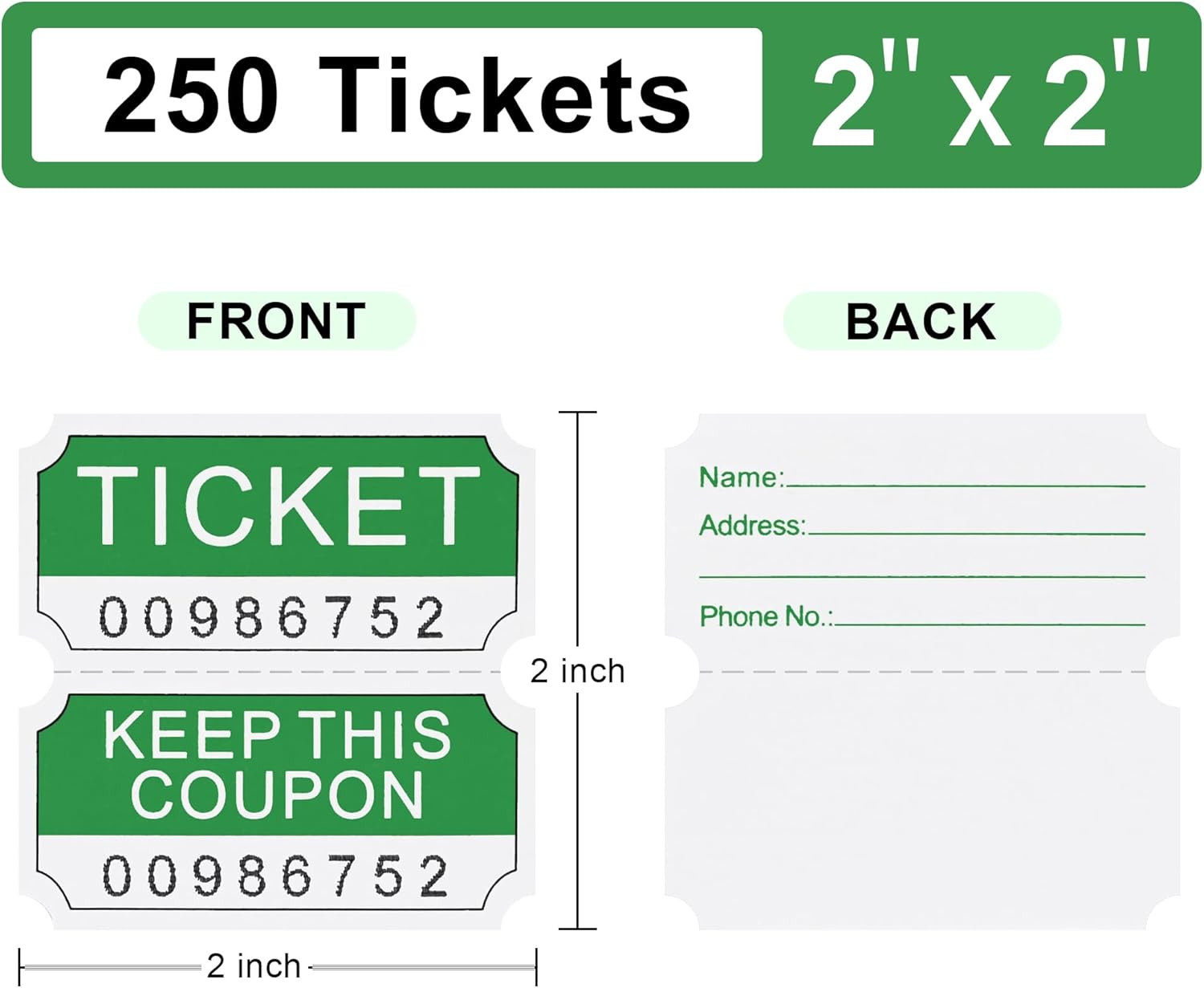 250 Raffle Tickets Roll Green Double Stub Consecutive Number Event Tickets