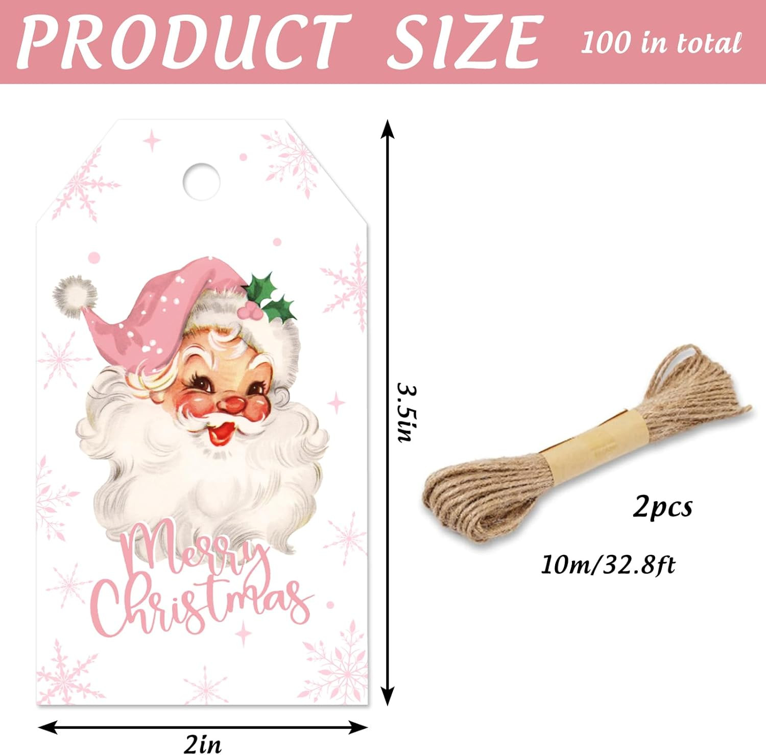 100Pcs Merry Christmas Paper Gift Tags Pink Santa Claus Snowflake Blank Hanging