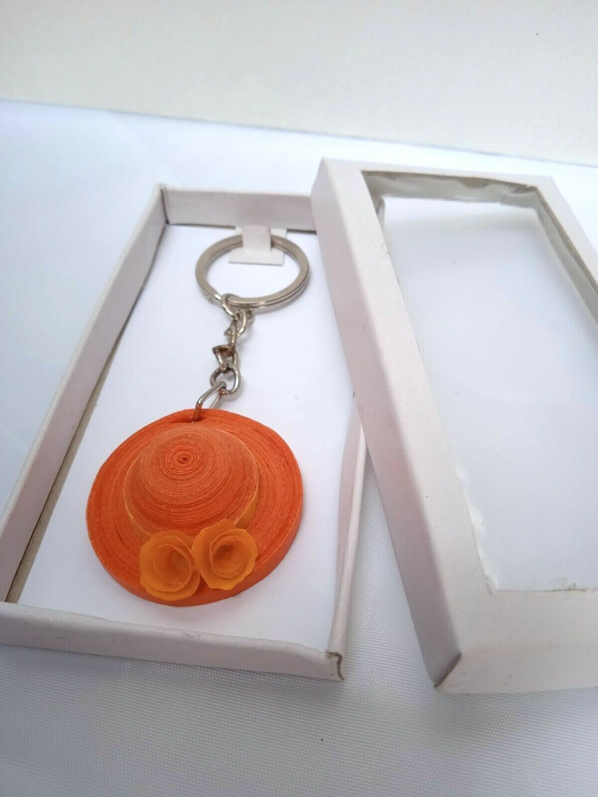 100% Handmade Paper Quilling Orange Hat Key Tag, Key Chain, Ring, Water Resist