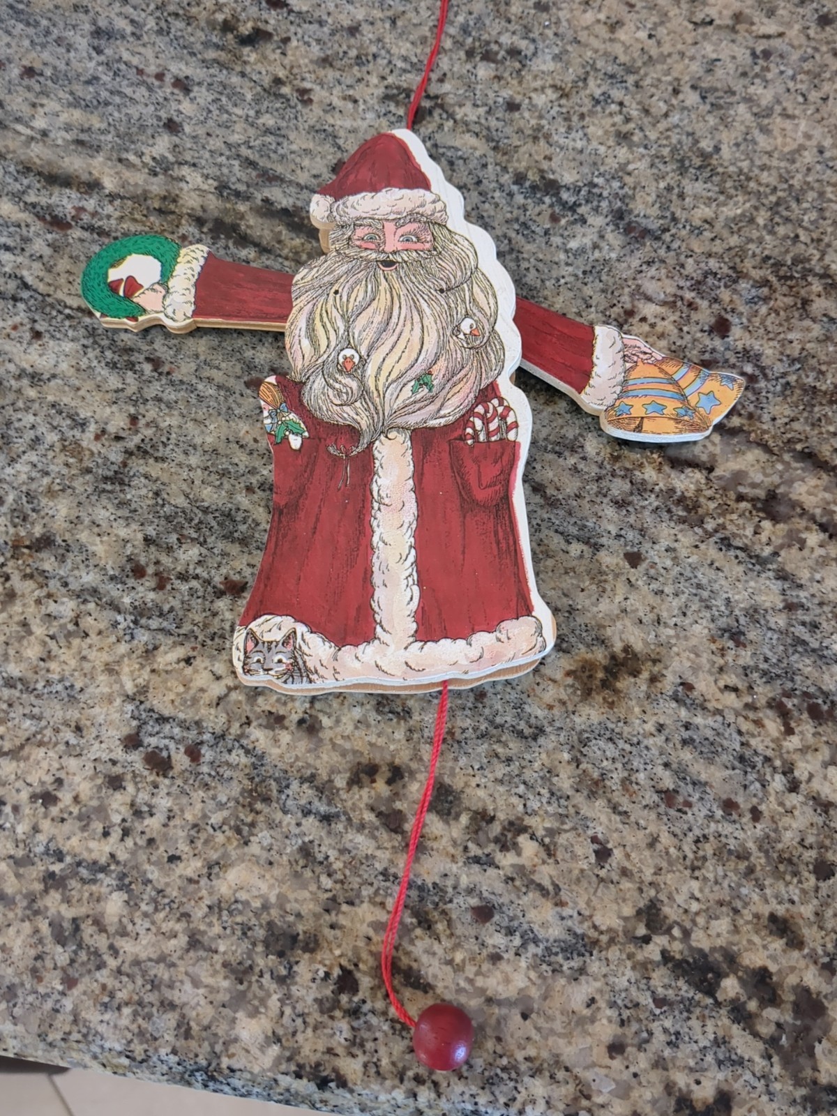Vintage Santa Wood Pull String Christmas Ornament Susan Feves 1986