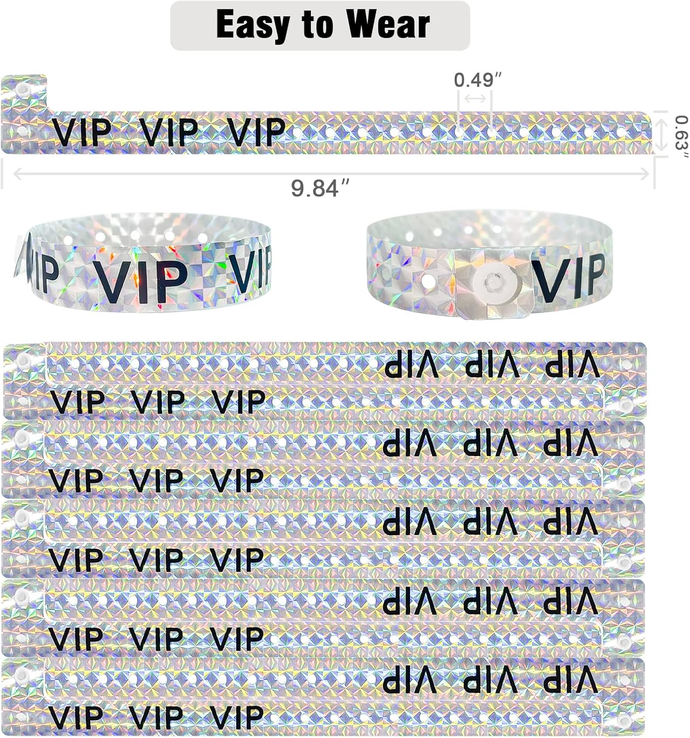 100 Pack Holographic VIP Wristbands Silver Waterproof Vinyl Event Bands
