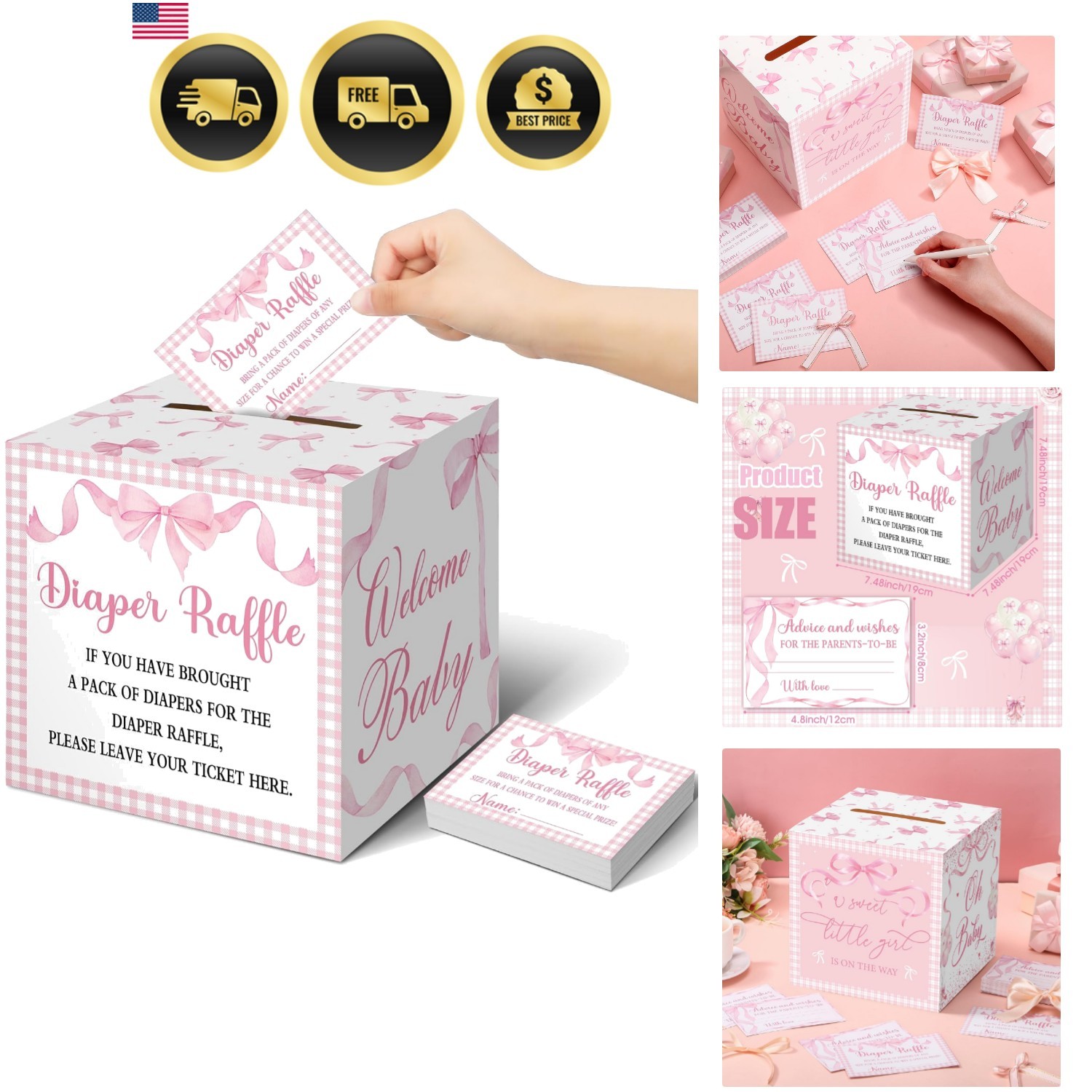 51 Pieces Diaper Raffle Tickets with Card Box Baby Shower Decorations Baby Sh…