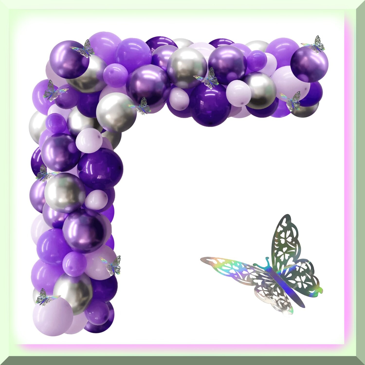 Purple and Silver Balloon Garland Kit with Butterfly Decorations
