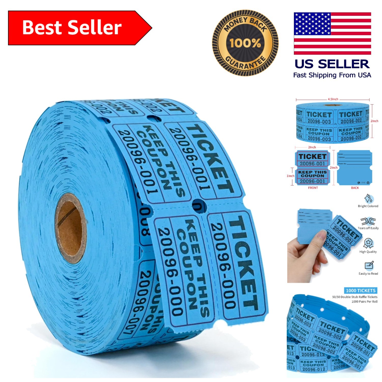 Double Roll 1000 Pack Raffle Tickets in Blue – Perfect for Carnivals & Drawings