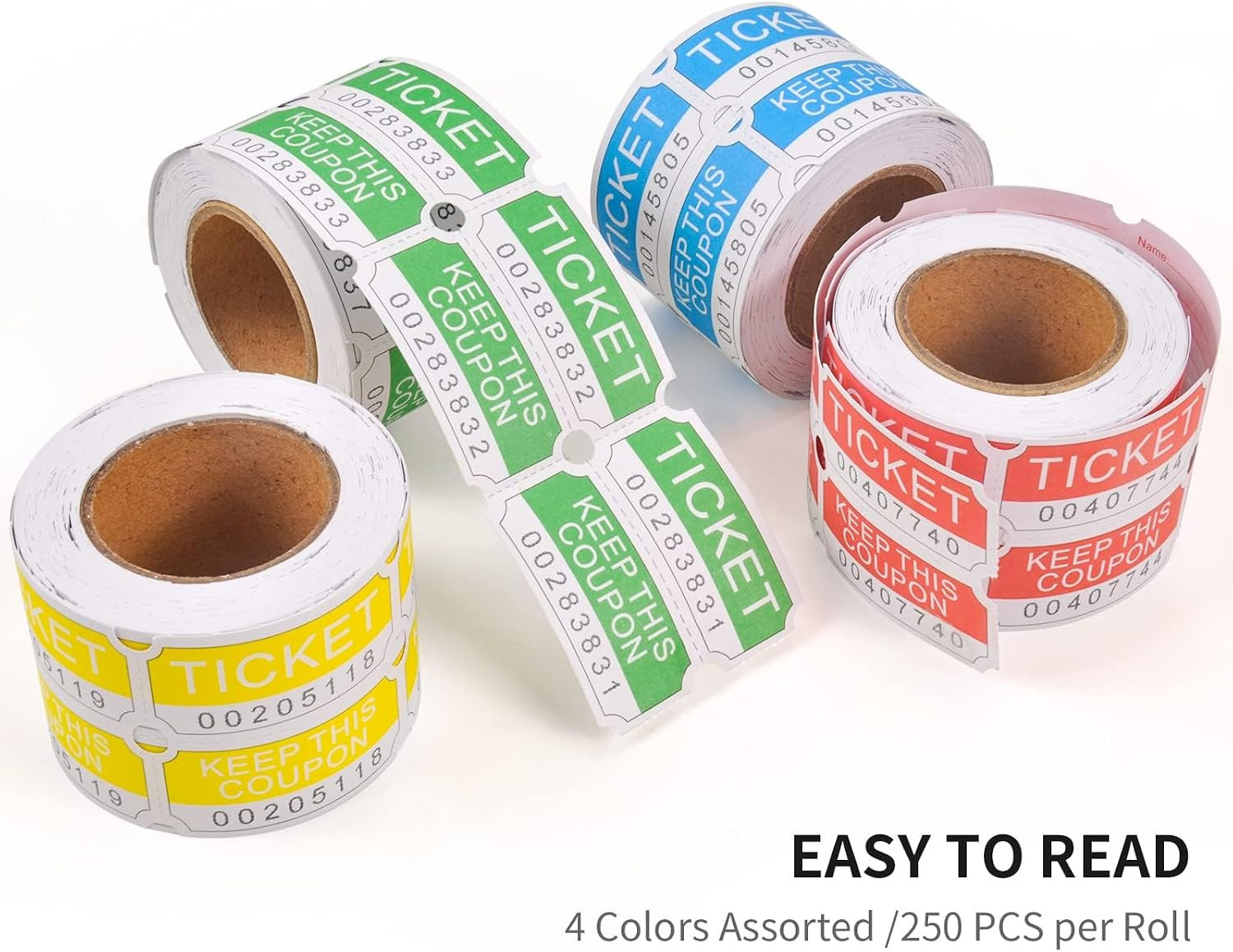 1000 Pairs Raffle Tickets Double Rolls,4 Vibrant Colors (Blue/Red/Yellow/Gree…