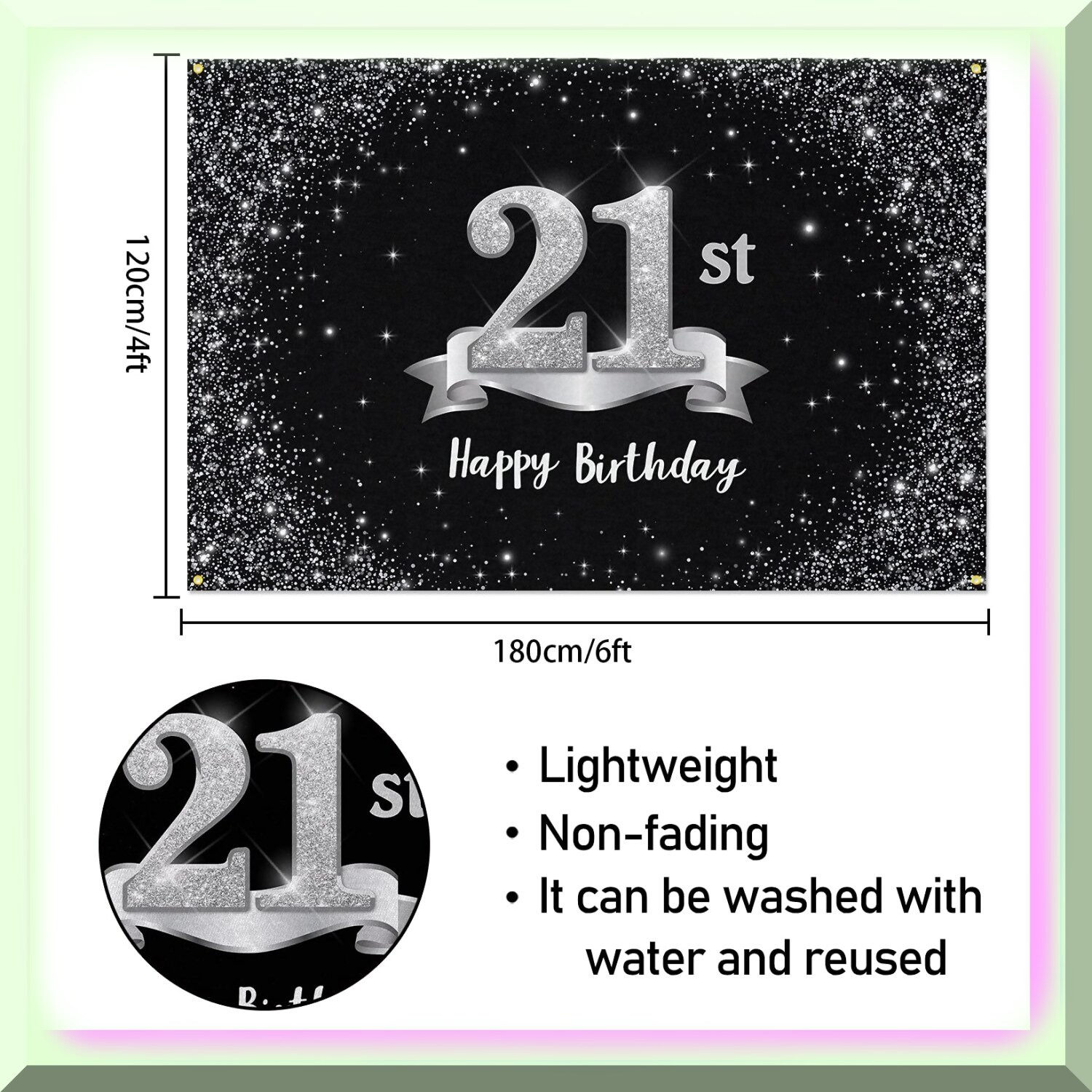 21st Birthday Sparkling Black Silver Backdrop
