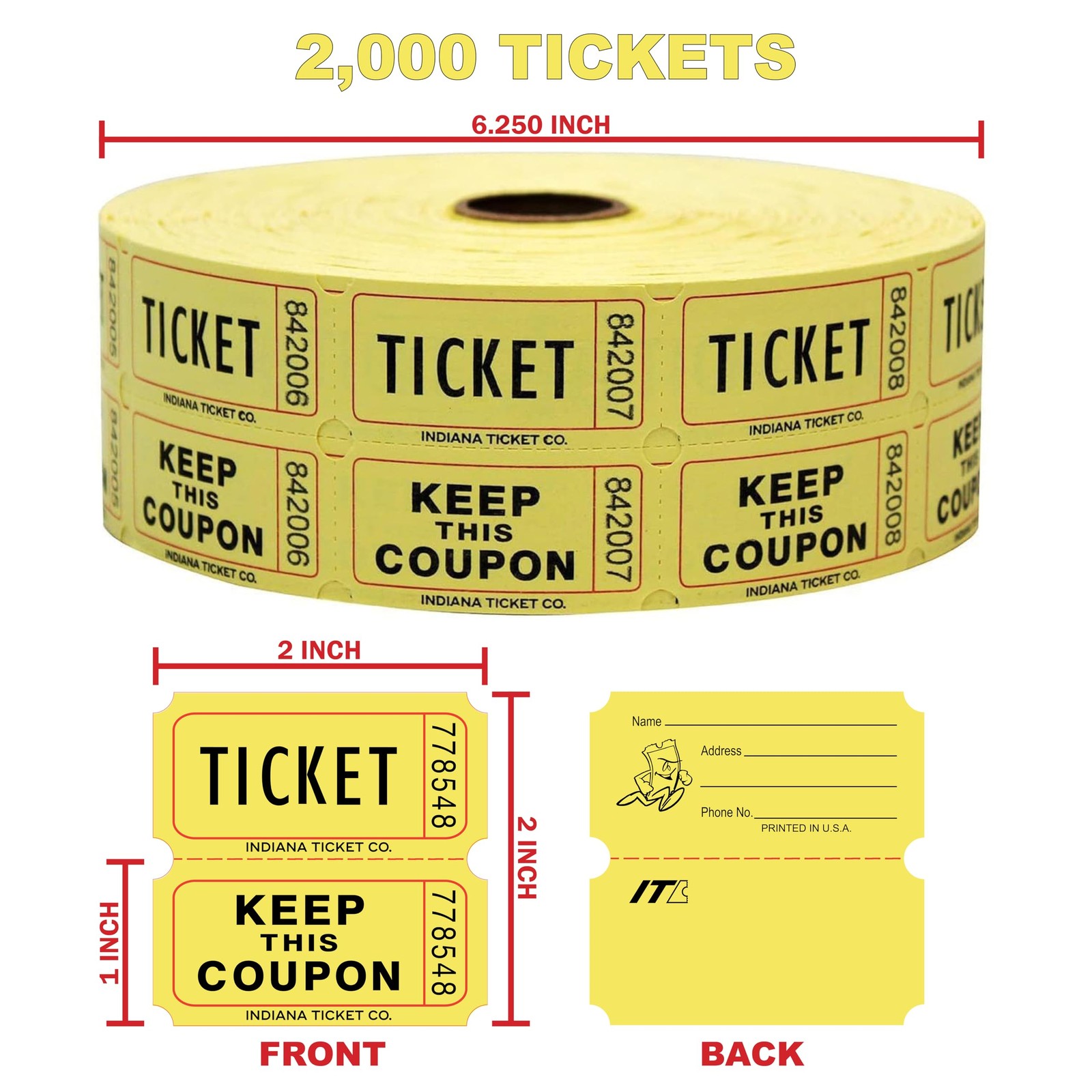 Raffle Tickets Roll, 50/50, Yellow, 2000 Tickets per Roll Made in USA