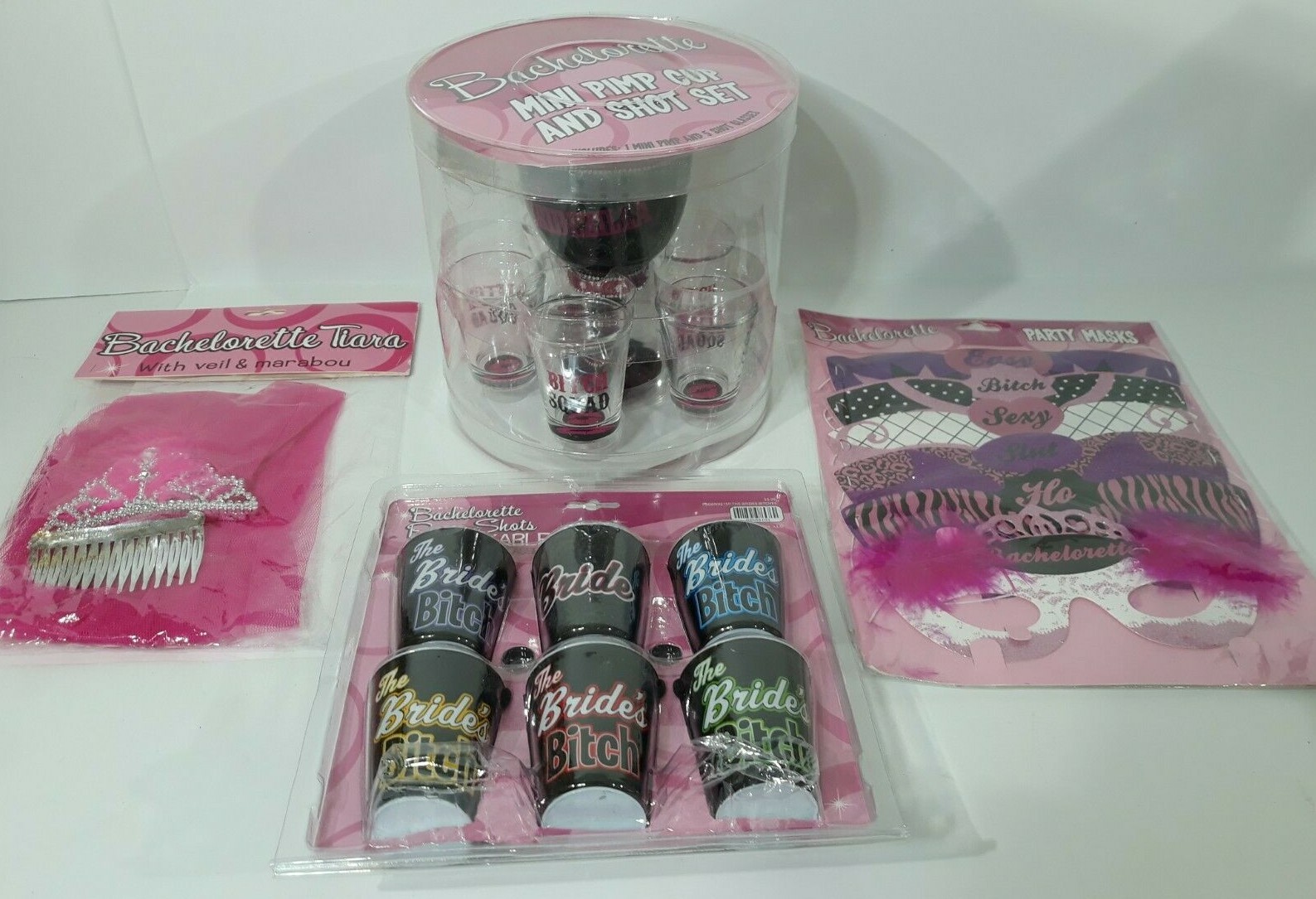Lot Bridal Bride Bachelorette Party Pimp Cup & Shot Set Party Shots Tiara Masks