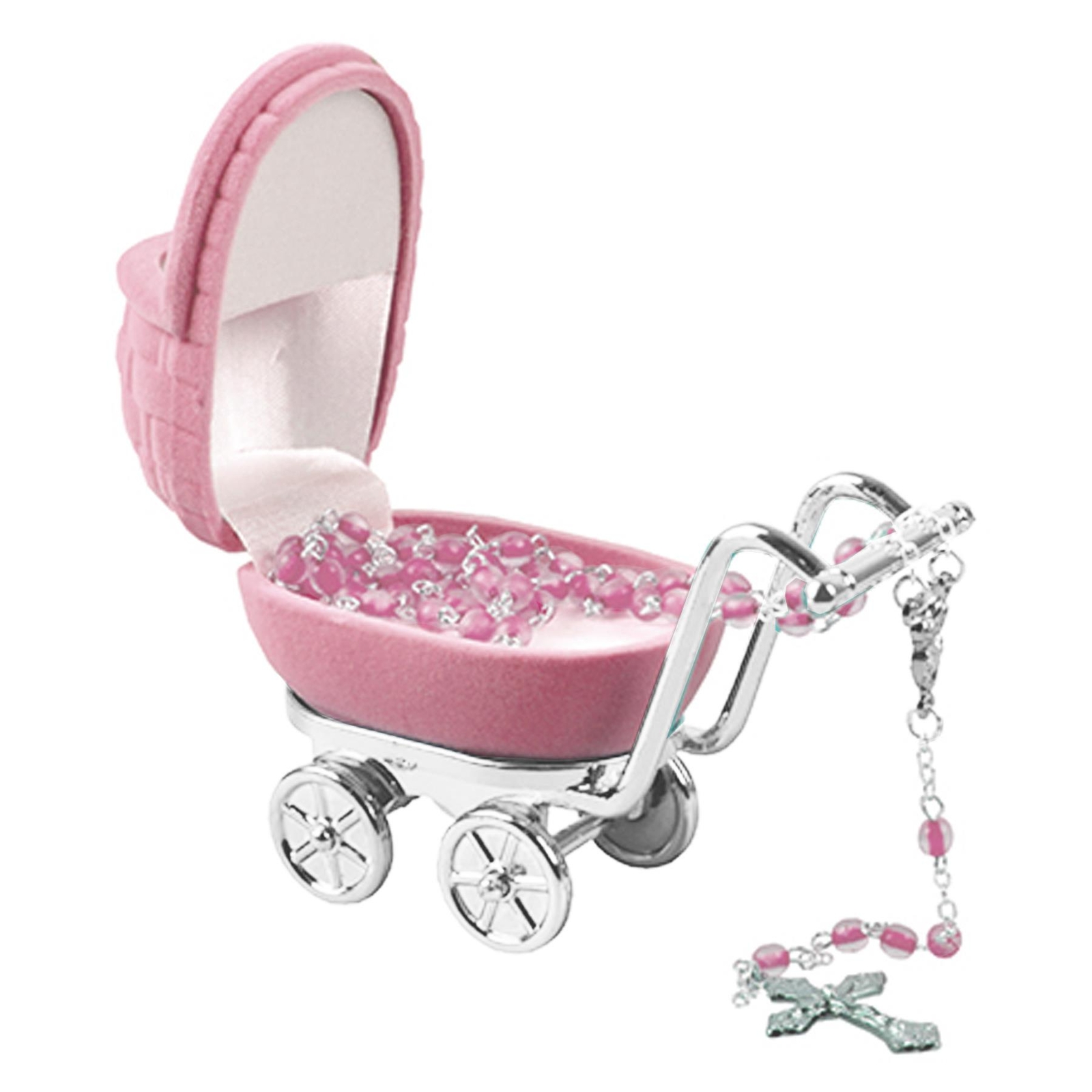 Christening Baptism Baby Pram Keepsake with Rosary Beads – Pink