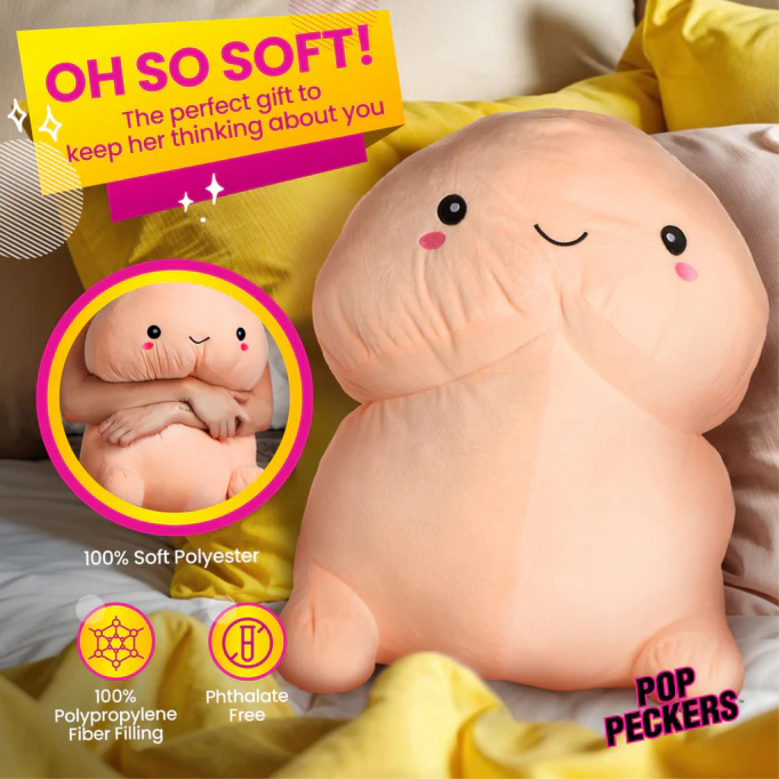 Large Happy Pecker Soft Pillow Squishy Huggable Stuffed Toy Party Novelty Gift