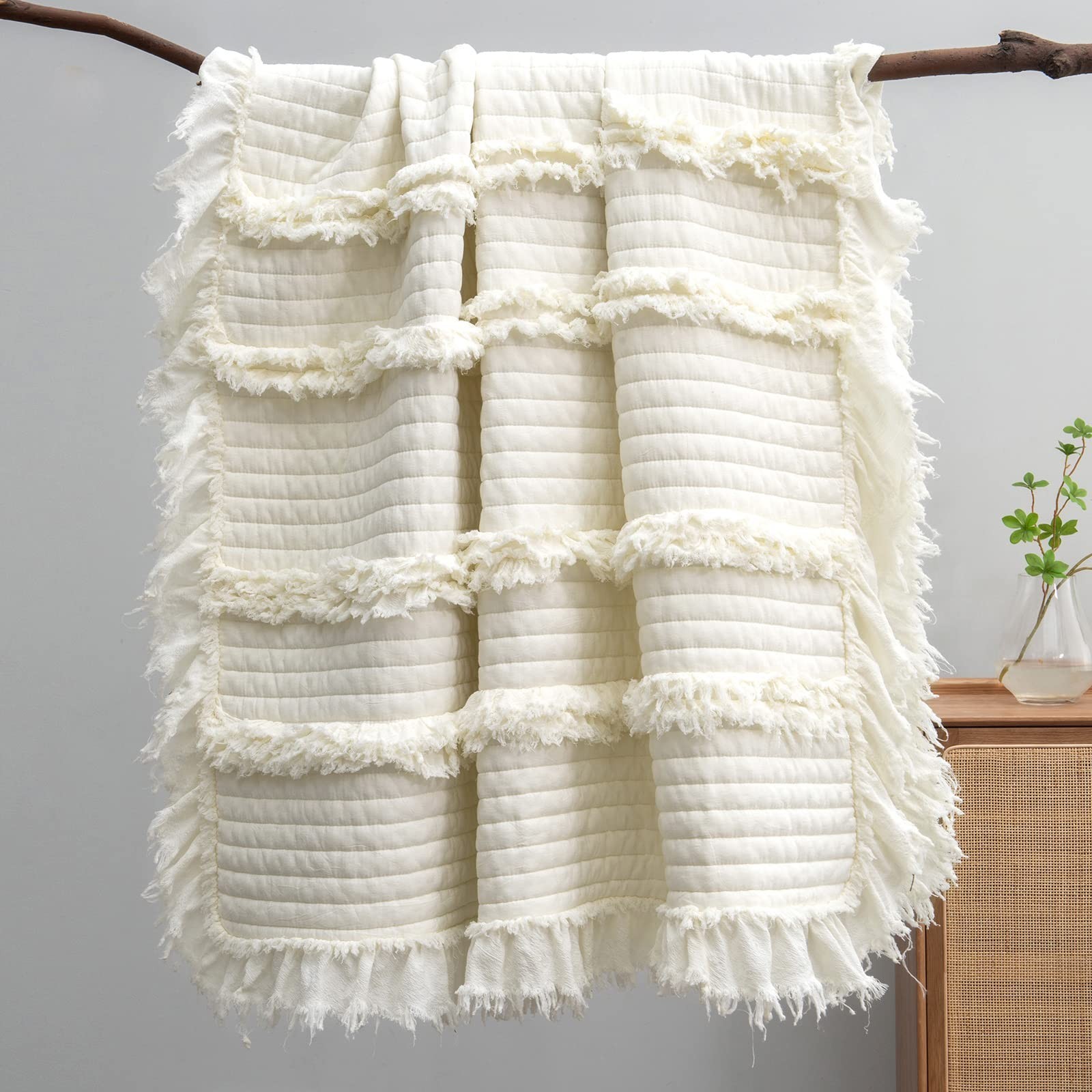 Pre-Washed Ultra Soft Quilted Cream King Size Blankets for Bed, Ruffle Fringe…