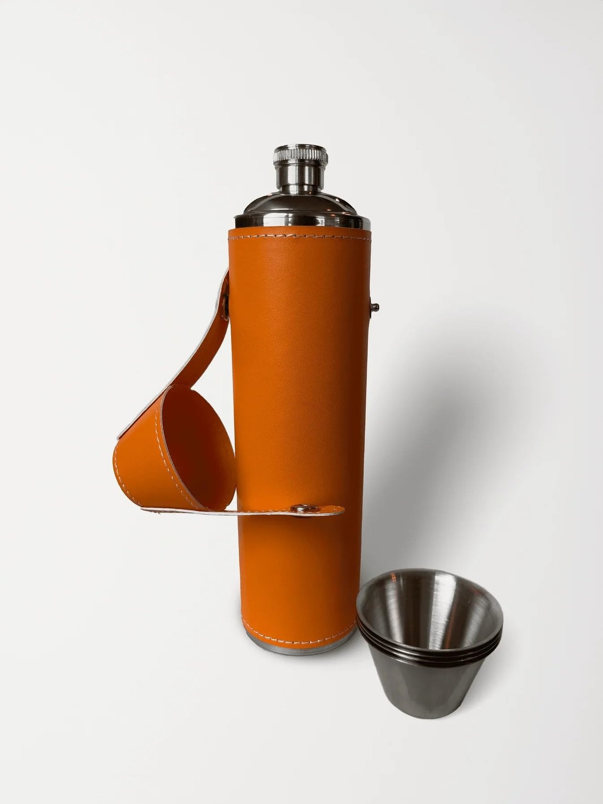12oz Orange Flask with 4 Shot Glasses in Cap – Stainless Steel with Waterp