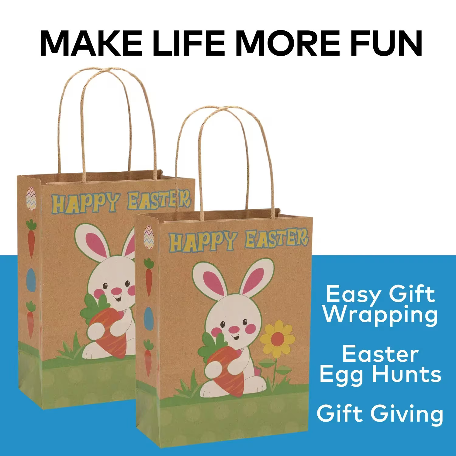 Fun Express Charming Easter Kraft Paper Gift Bags – 12 Pc. with Bunny Design