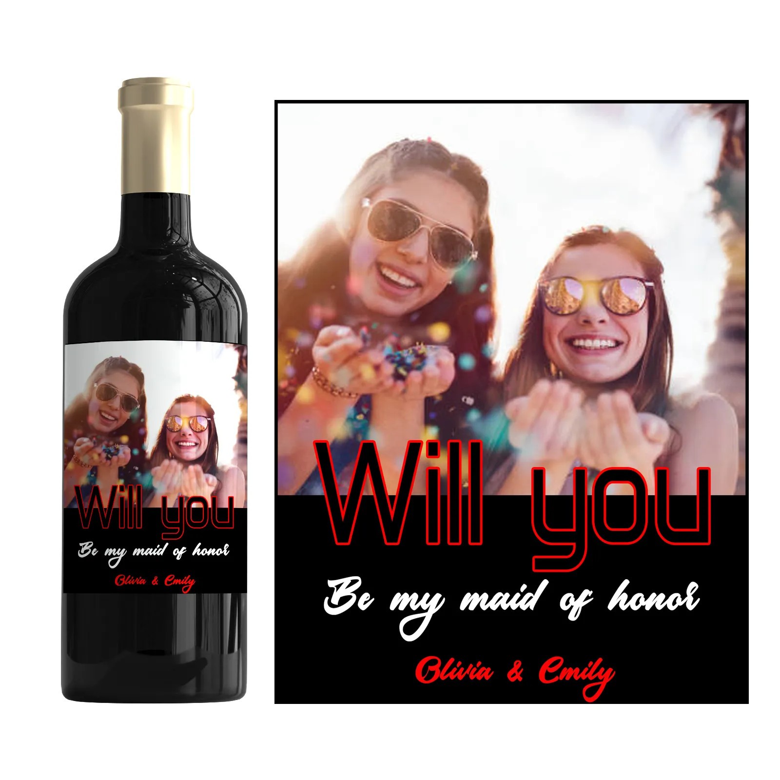 Personalised Maid of Honour Bottle Label – Custom Photo Proposal Gift