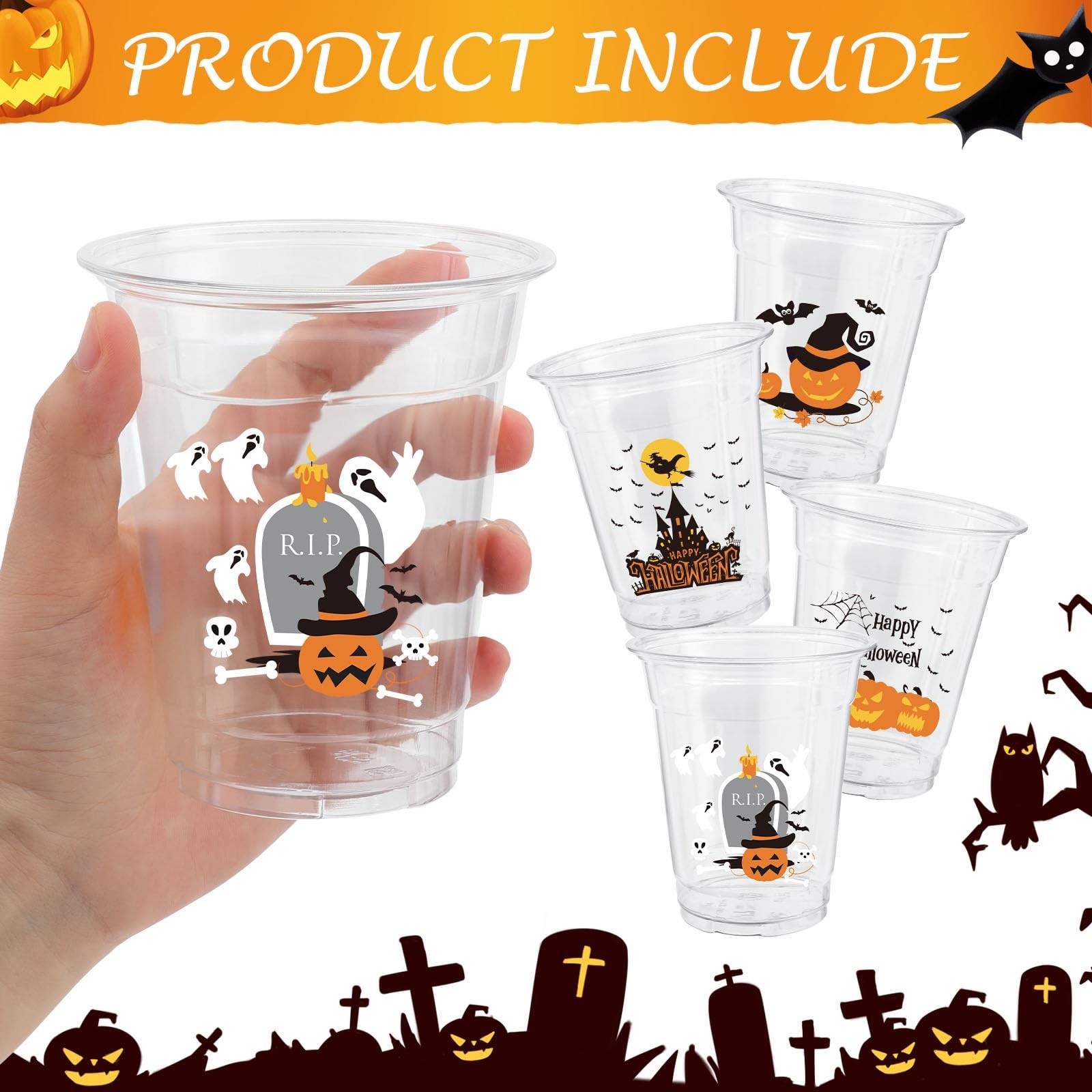 50 Pcs 12OZ Halloween Cups,Halloween Plastic Cups Party standard,