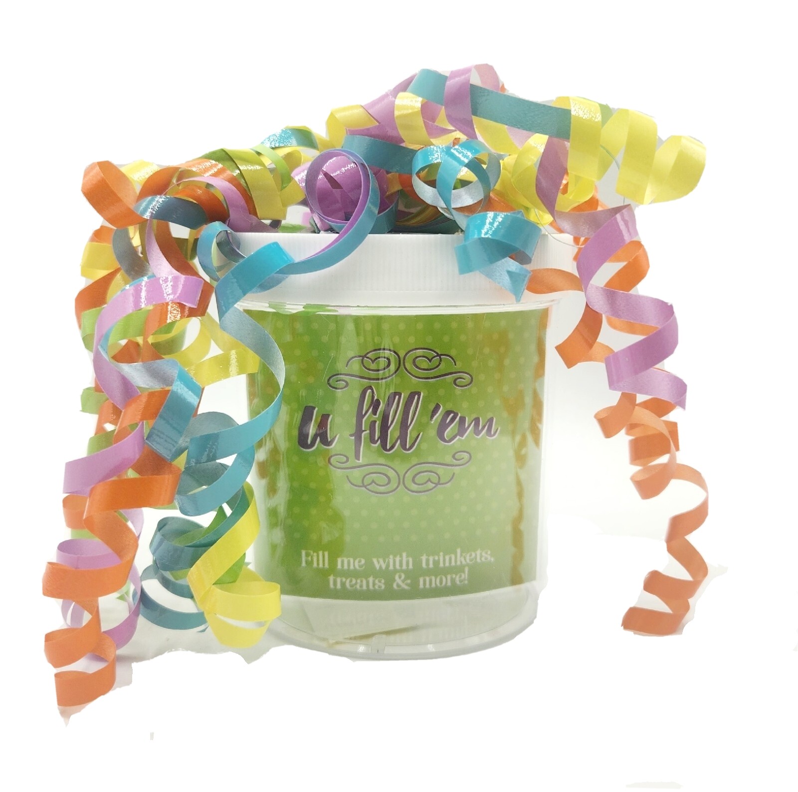 U Fill Em Party Trinket Container w/ Curly Ribbons, Balloon Holder, BRAND NEW