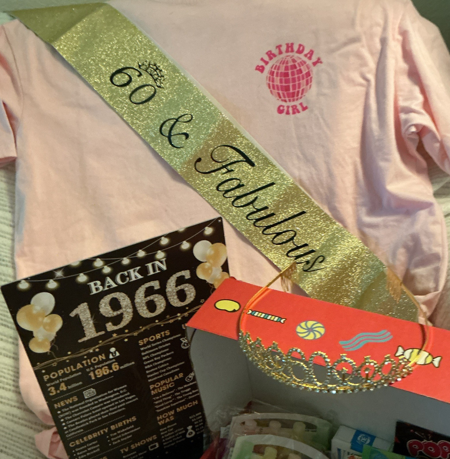 60th Birthday Girl Gift Basket: Gold Tiara, Sash, Pink Shirt, 1966 Sign