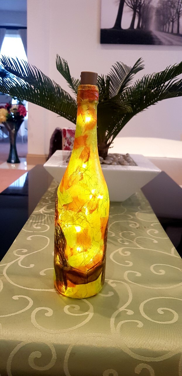 Hand Decorated Light Up Bottle Lamp with Owl Design One of a Kind Unique Gift