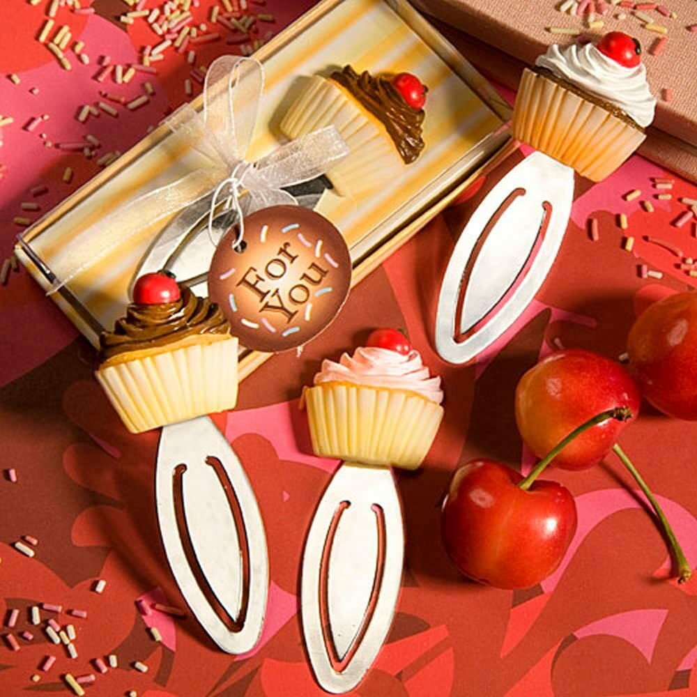 Set of 4 Cupcake Bookmarks Silver Metal Page Clip Birthday Party Favors Gift Box