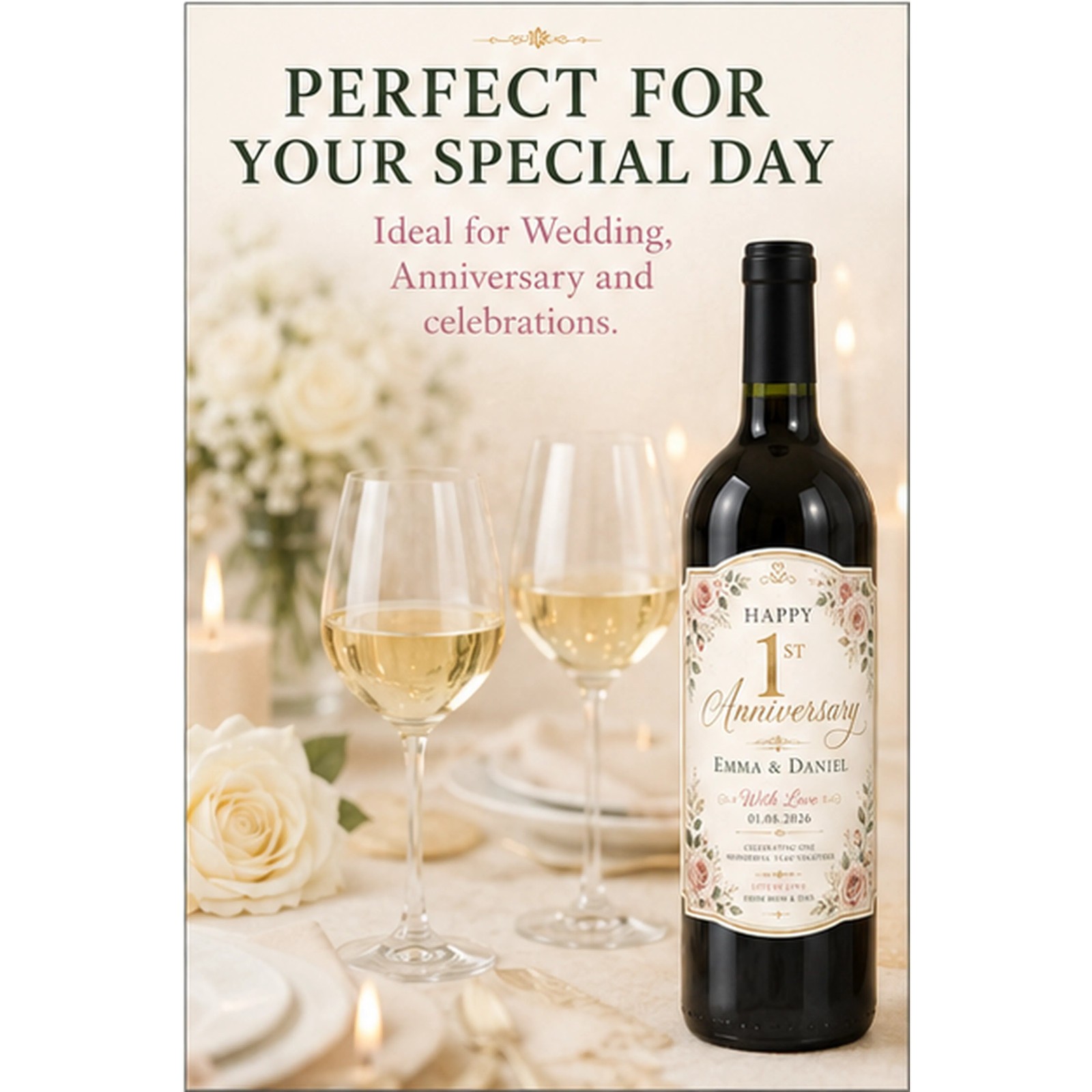 Personalised 1st Anniversary Bottle Label Sticker Custom Wine Gift Floral
