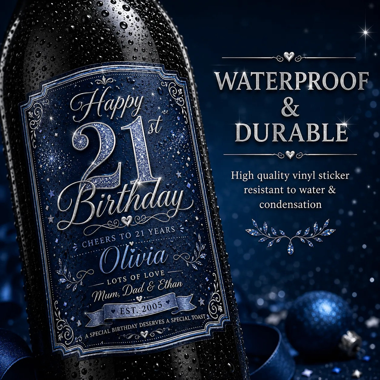 Personalised 21st Birthday Bottle Label Sticker Wine Gift Blue Silver