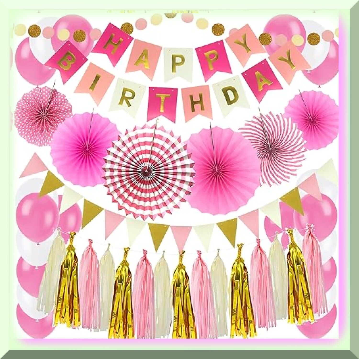 Pink Birthday Banner and Paper Fans Garland Set