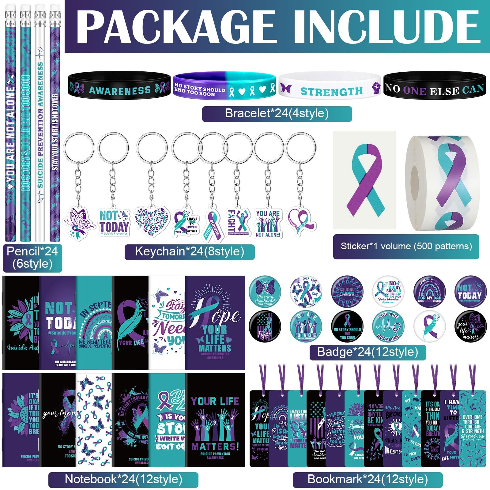 24 Sets Suicide Prevention Awareness Items Include Purple Teal Ribbon Silicon…