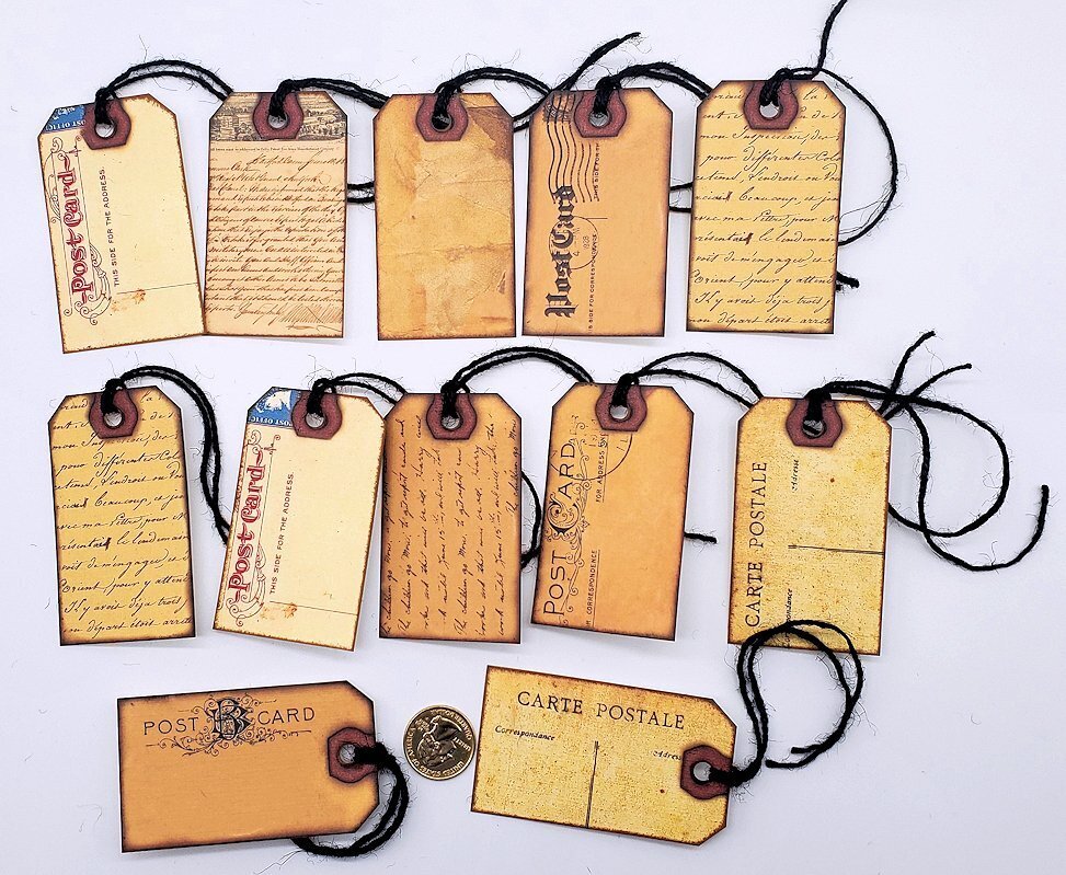 12-Vintage-Post Card-Junk Journal-Ephemera-Linen Cardstock-Hang Tags